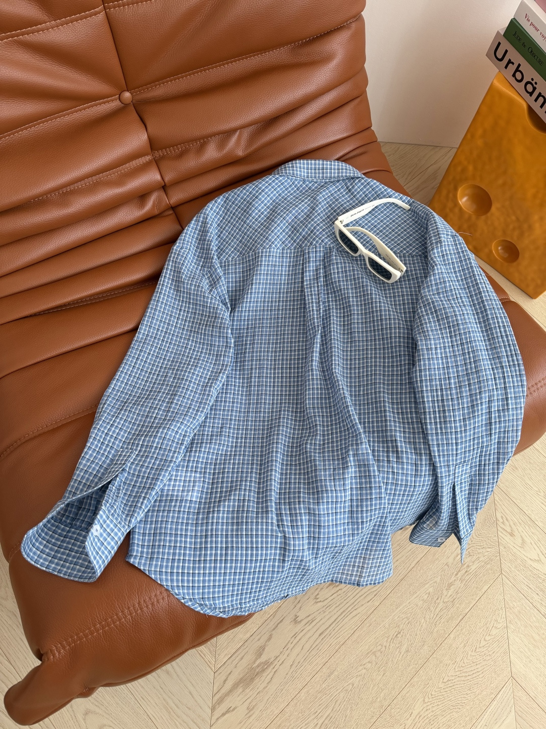 李智恩 杨超越同款 LC字母logo刺绣格子衬衫 夏季凹造型必备防晒衬衫 面料轻薄透气 带有褶皱肌理感 