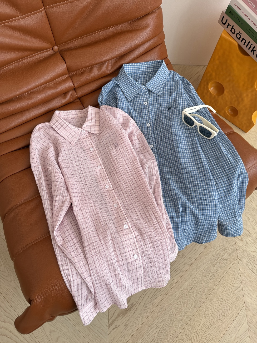 李智恩 杨超越同款 LC字母logo刺绣格子衬衫 夏季凹造型必备防晒衬衫 面料轻薄透气 带有褶皱肌理感 