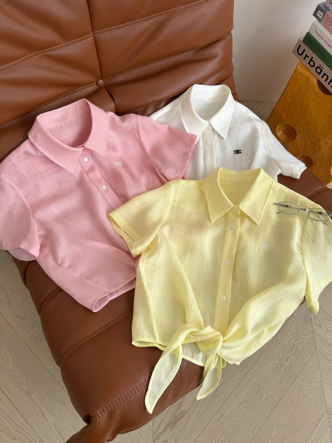 夏日时髦衬衫 26ss 凯旋门logo刺绣系带亚麻衬衫 下摆兔耳朵系带设计 自带有休闲的日常街拍Feel