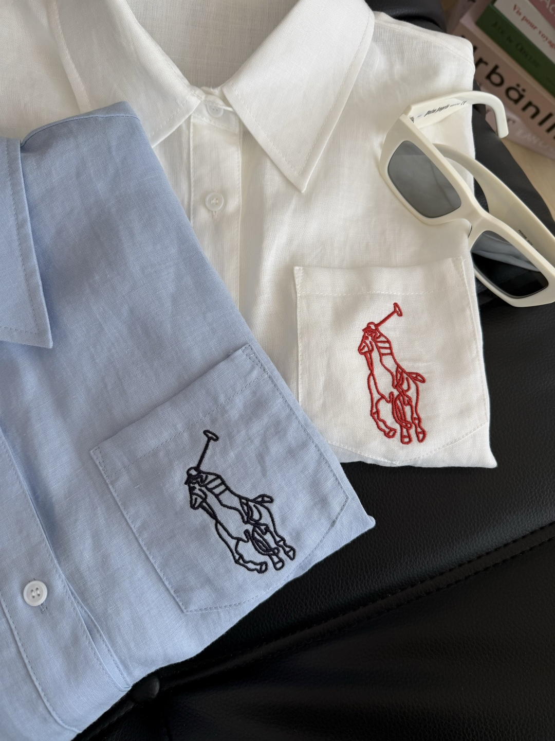 时髦度假风 26ss 骑士图案刺绣logo亚麻衬衫 超级出片的衬衫 下摆是兔耳朵绑带设计 很有休闲度假F