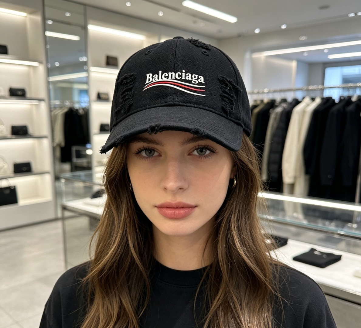 NO:894510,Balenciaga's distressed baseball cap has a 'flabby' feel directly welded to the head!  Iconic wavy embroidery + heavy-duty hole-cut raw edge design, with a sense of street wasteland, cool and casual. The soft-top version does not pick up the shape of the head, but can also quietly modify the face shape, a real savior for bare makeup/oiled heads!  Both black and white are versatile. It can be worn with sweatshirts, suits, or hot girl skirts. It looks like a trendy and cool girl on the streets of Paris. It is a great tool for lazy people to create a sense of atmosphere when going out on the street!  , hat, scarf, socks, balenciaga, hoodie, sweatshirts, skirts, business suit, socks, hats19860909Balenciaga 这顶做旧棒球帽,直接把「松弛感」焊在头上！ 标志性波浪刺绣+重工破洞毛边设计,自带街头废土感,又酷又随性. 软顶版型不挑头型,还能悄悄修饰脸型,素颜/油头救星实锤！ 黑白两色都是百搭王,搭卫衣、西装、辣妹裙都超有态度,戴上就是巴黎街头的潮酷辣妹,懒人出街氛围感神器！,帽子.围巾.袜子,balenciaga,hoodie,sweatshirts,skirts,business suit,socks,hats,accessory