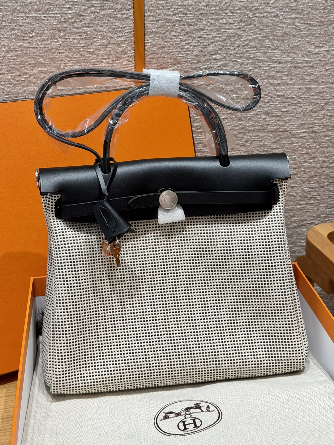 Herbag Handbag Smooth Leather Waffle Canvas Silver Hardware Saddle Stud Lock