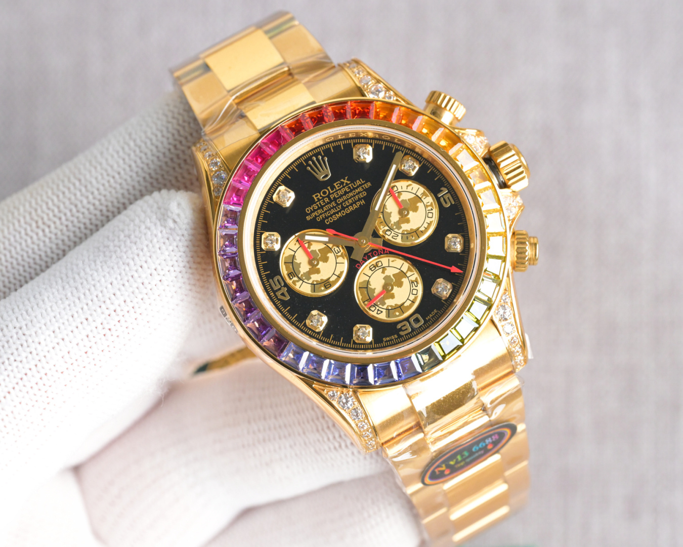 NO:553259,Produced by N v13 Tape Style Stone 50 Steel Belt N v13 Factory Supreme Edition Rainbow Daytona (must come with 18k gold card/exclusive label/gold card synchronized shell ring inner code engraving N v13 meaning 'smooth career, prosperous wealth') PG5 original molding ultra-thin film removal at the thinnest 12.2mm, overall forged 904 L steel, long-lasting wear resistance, top brushing technology. Key quality details 1  The bezel is made of the top gem Moissanite (dark and dead color in small workshops). The dial matches the original version of the chassis. The round stone or bar stone is consistent with the original version. There is an original bottom tray to support the gem. 2Swiss process strict QC inspection, the bottom of the plate is dust-free and flawless...   Allowing customers to get started with less worry, effort and trouble. 3. The steel shell is synchronously raised with suspension bridges at the four corners for bending, and the corners of the head grain are smooth and seamless (the head grain and the shell are close together in small workshops, with large uneven gaps and rough workmanship). 4. Focus on adhering to the genuine N steel buckle craftsmanship, full of texture, and button coding.  , (The movement adopts the new original Dongdan low-tube ultra-thin 7750) (Original size 40mm) (Sapphire glass) (Tested: waterproof to a depth of 100 meters) (Gold Card VIP defaults to Gold Card for quick after-sales service) (Warm reminder: If the film is removed/scratched/can no longer be sold for the second time, it will not be returned or exchanged, only warranty) The best luxury recommendation for gift giving, please look for the exclusive quality of N v13,19860909N v13 出品 胶带款条石50 钢带 N v13 Factory 至尊版彩虹迪通拿（ 必配18k金卡/独家标签/金卡同步壳圈内侧码雕刻N v13  寓意“事业顺利、财运亨通”） PG5 原版开模超薄拆膜最薄12.2mm , 整体锻造904 L 钢, 持久耐磨,顶级拉丝工艺. 重点品质细节 1 圈口采用顶级宝石正莫桑石（小作坊暗淡死色）字盘对版底盘圆石或条石原版一致有原底托盘撑起宝石 2瑞士流程严检QC、盘底无灰尘、无瑕疵 … 让客户上手省心省力省烦恼3钢壳同步四边角吊桥凸起供弯、头粒边角无缝隙平整（小作坊头粒与壳并拢凹凸不平缝隙大,工艺粗糙） 4 重点秉承正N钢带扣工艺细节质感十足,扣子编码 ,（机芯采用全新原版东丹低管超薄7750）（原版尺寸40mm)(蓝宝石玻璃)(经测:深度防水100米）（金卡VIP 默认金卡快速售后）（温馨提示:拆膜/刮花/再无法第二次出售的均不退换只保修）送礼最佳奢华推荐请认准N v13独家品质,,Watch