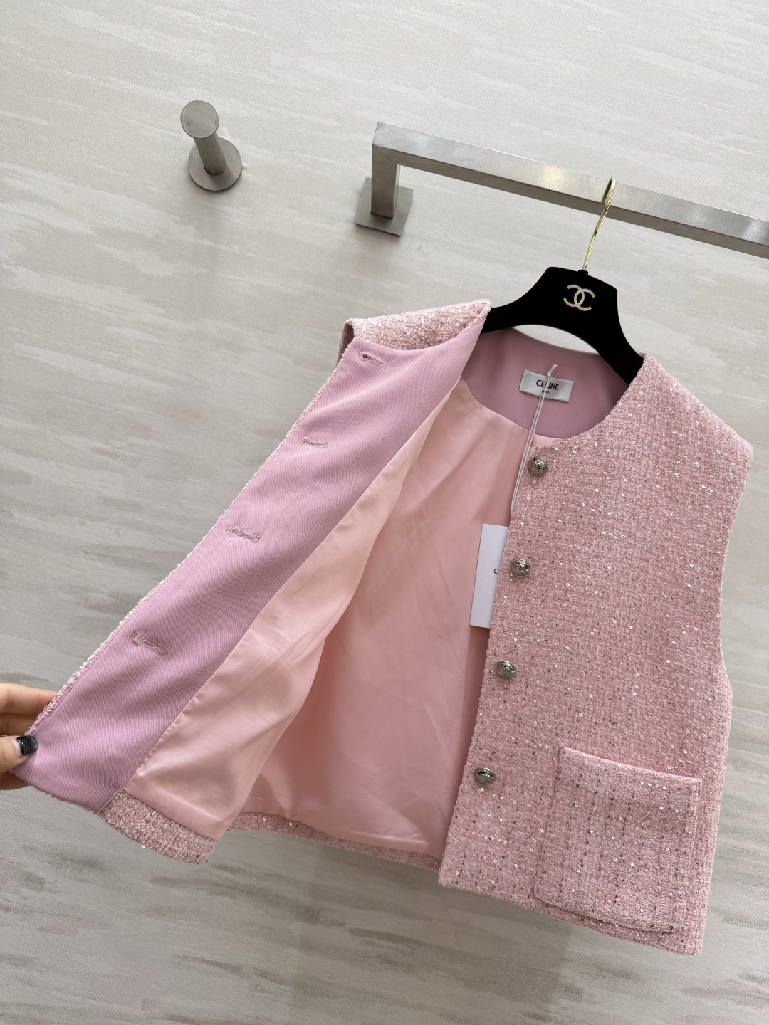 #CELIN♡²⁶樱花粉亮片粗花呢马甲外套 甜妹本命战袍！把浪漫穿在身上 温柔到发光 定制樱花粉混彩粗花