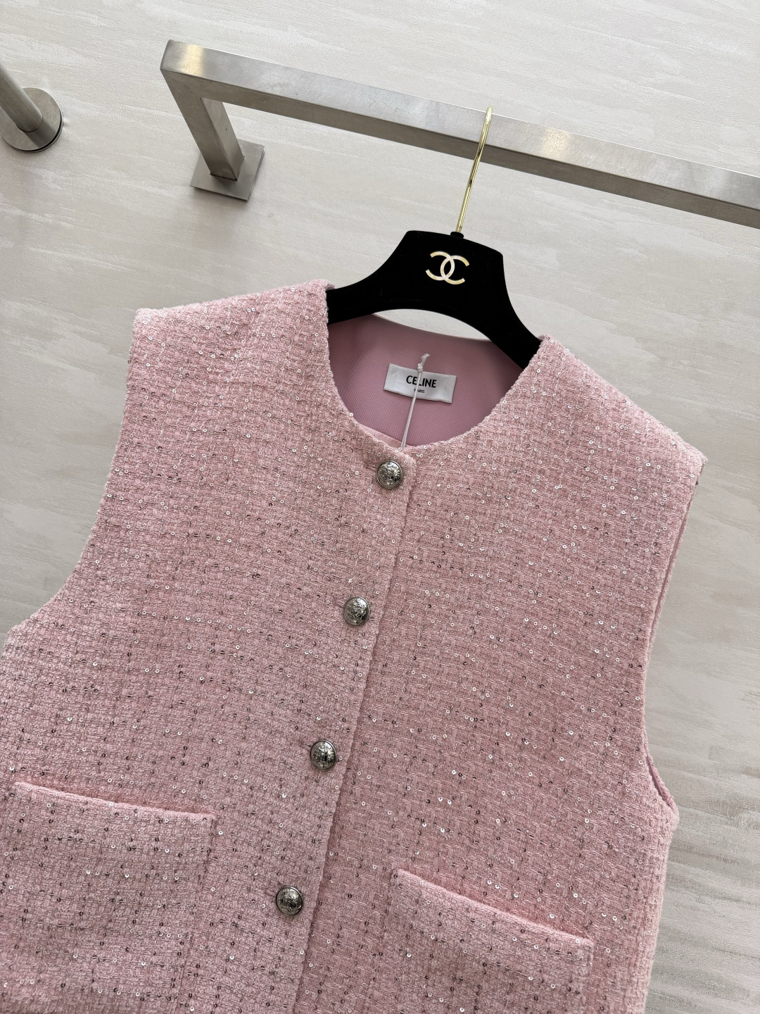 #CELIN♡²⁶樱花粉亮片粗花呢马甲外套 甜妹本命战袍！把浪漫穿在身上 温柔到发光 定制樱花粉混彩粗花