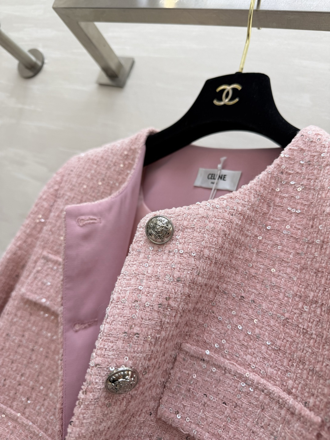 #CELIN♡²⁶樱花粉亮片粗花呢外套 甜妹本命战袍！把浪漫穿在身上 温柔到发光 定制樱花粉混彩粗花呢 