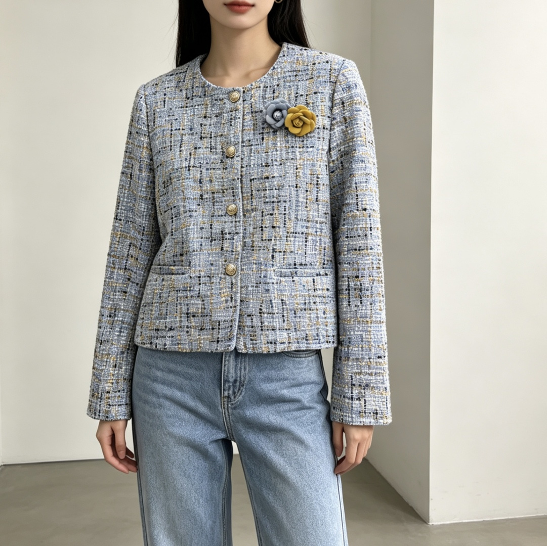 ▫️CHANE♡²⁶｜冰蓝混彩粗花呢外套▫️蓝调美学，清冷显贵▫️经典小香风，永不过时▫️短款版型，拉长