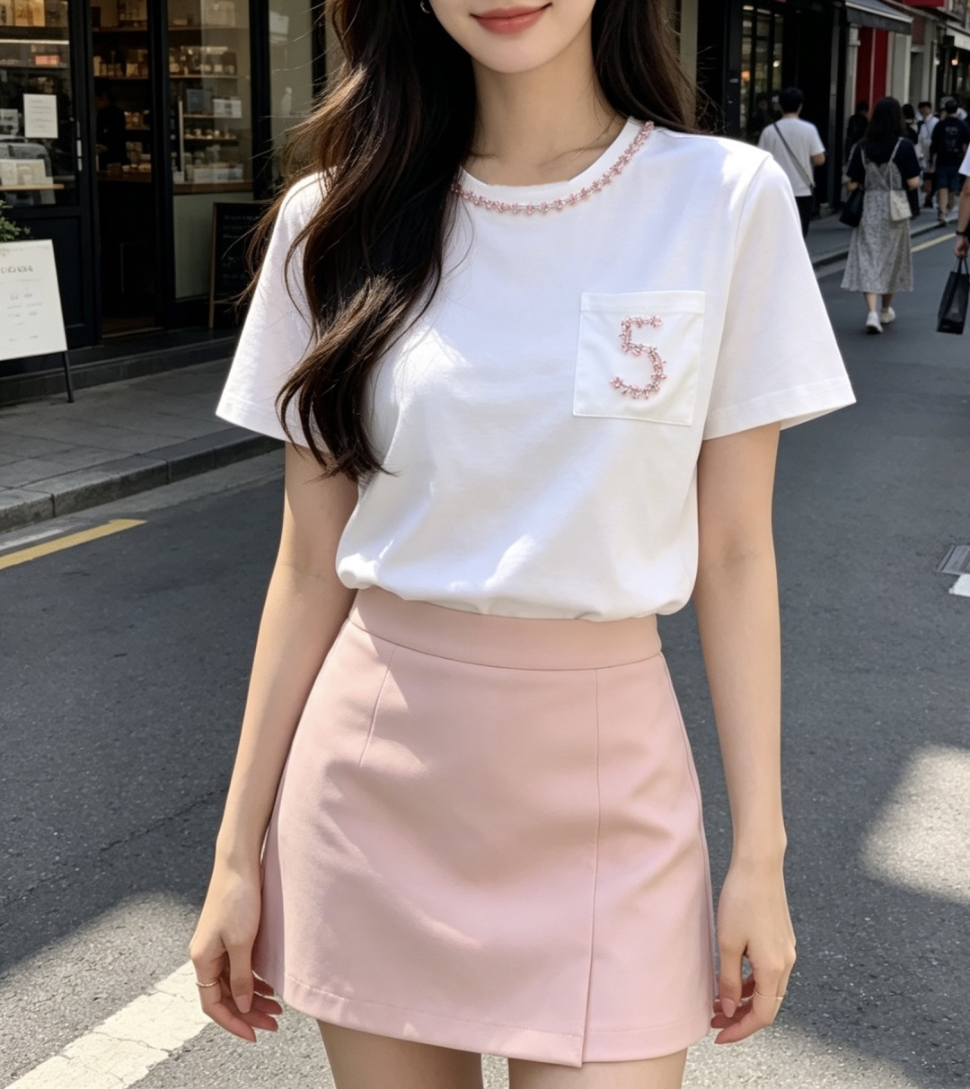▫️CHANE♡²⁶｜数字5刺绣白T▫️经典白，永不过时▫️粉钻串珠领口，细节感拉满▫️宽松显瘦，不挑身