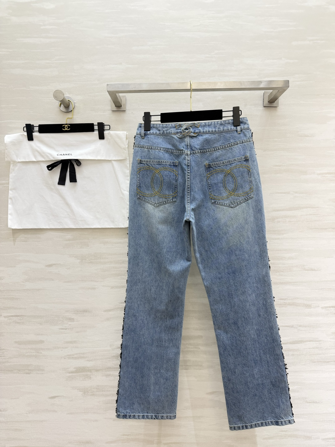 #Chane♡²⁶侧边毛边牛仔直筒裤 神仙色调手工酵素水洗做旧 蓝得高级 灵魂设计侧边黑白粗花呢毛边拼接