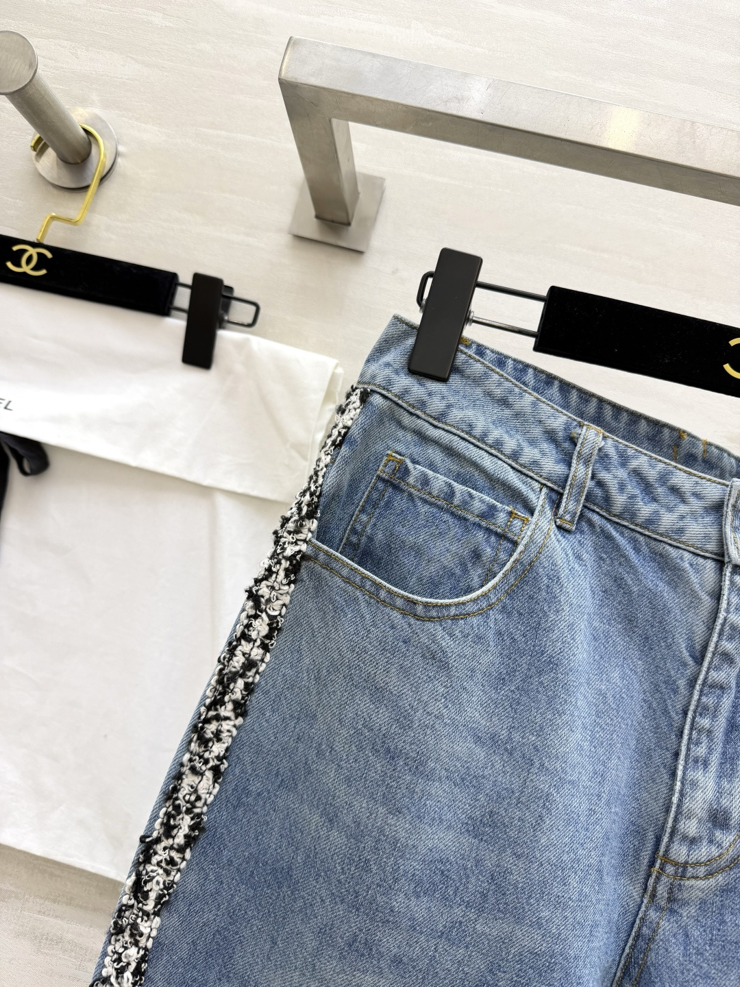 #Chane♡²⁶侧边毛边牛仔直筒裤 神仙色调手工酵素水洗做旧 蓝得高级 灵魂设计侧边黑白粗花呢毛边拼接