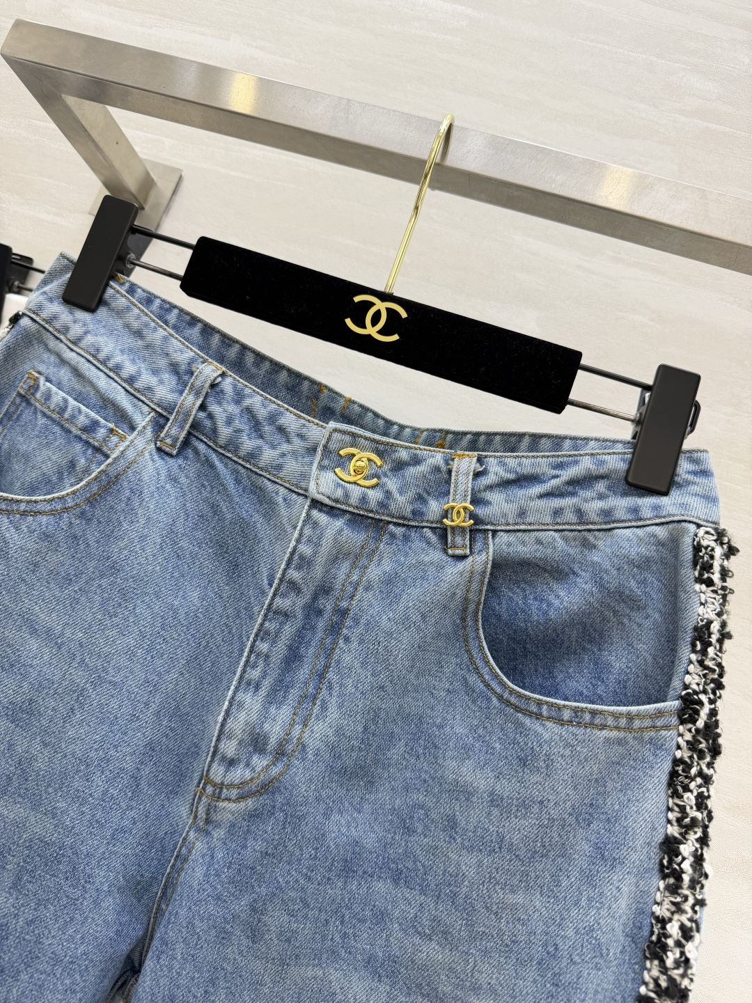 #Chane♡²⁶侧边毛边牛仔直筒裤 神仙色调手工酵素水洗做旧 蓝得高级 灵魂设计侧边黑白粗花呢毛边拼接