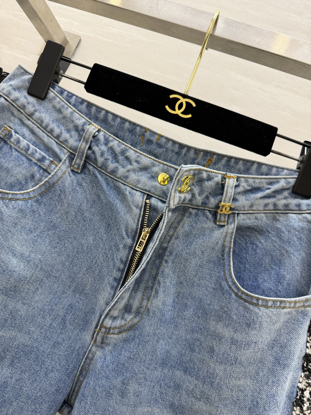 #Chane♡²⁶侧边毛边牛仔直筒裤 神仙色调手工酵素水洗做旧 蓝得高级 灵魂设计侧边黑白粗花呢毛边拼接