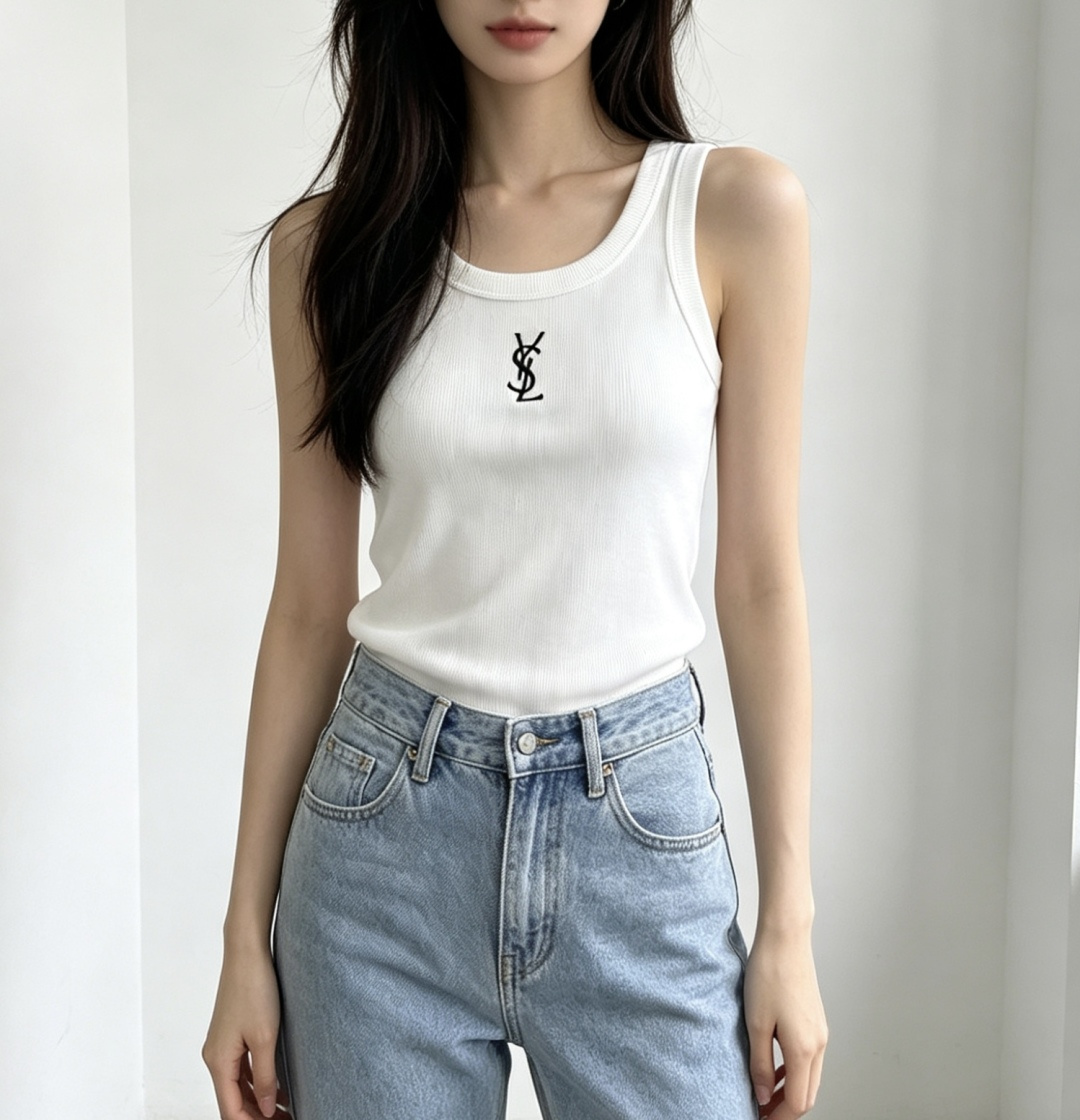 #YSL²⁶ss经典logo刺绣罗纹背心 法式极简高级感 标志性YSL刺绣logo 辨识度拉满 低调又显