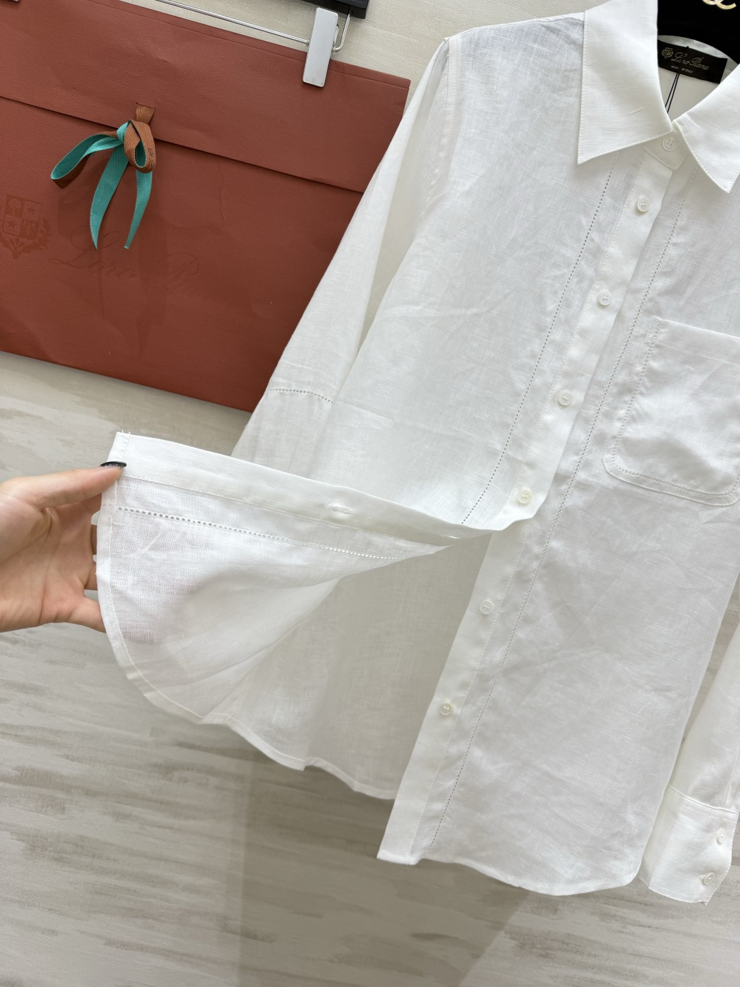 #Loro Pian♡²⁶质感棉麻白衬衫 高支棉麻混纺 透气亲肤 自带高级肌理 经典翻领 镂空明线细节简