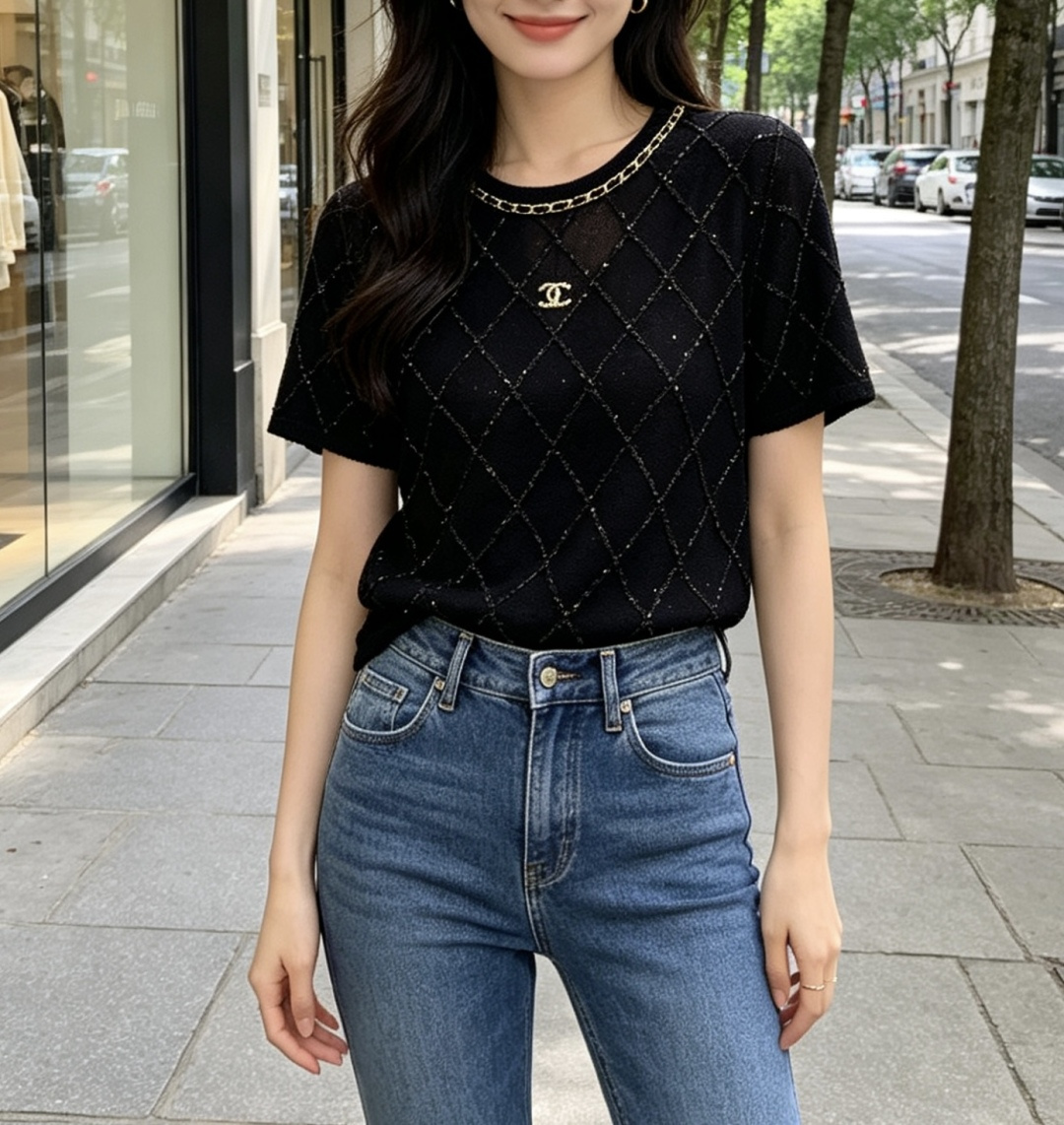 #Chane♡²⁶菱格纹短袖针织衫｜把法式优雅焊在身上经典菱格纹 链条圆领 双C金标每一处细节都在诠释高