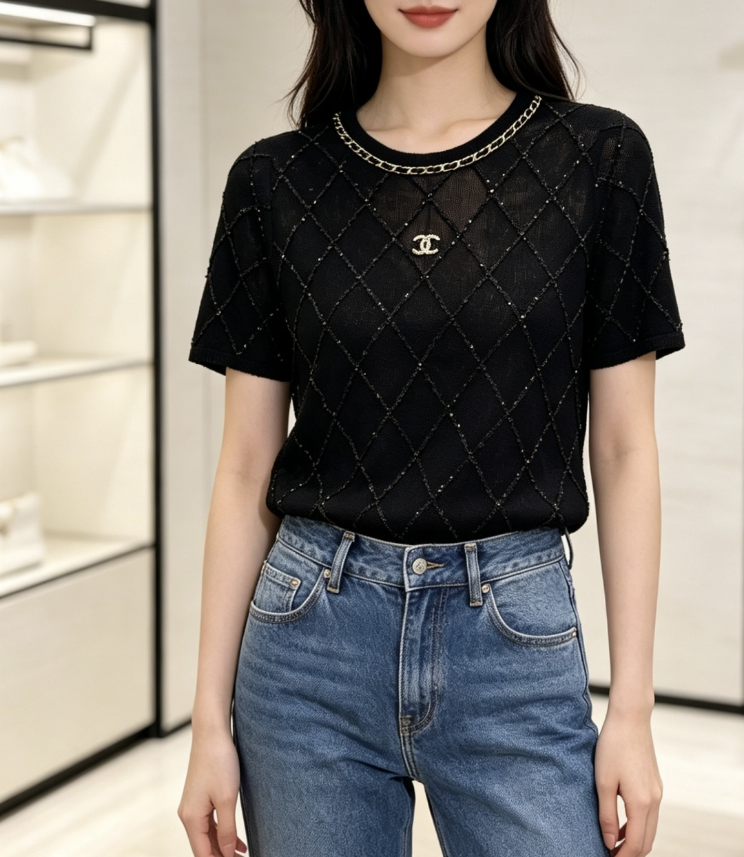 #Chane♡²⁶菱格纹短袖针织衫｜把法式优雅焊在身上经典菱格纹 链条圆领 双C金标每一处细节都在诠释高