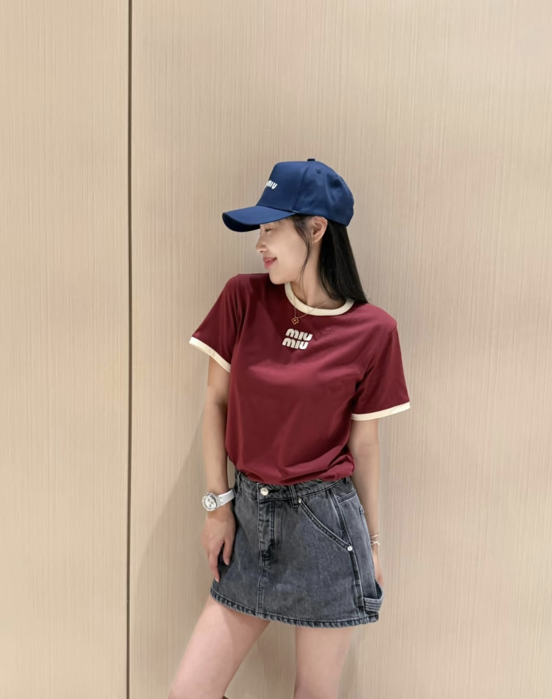 #MiuMi♡²⁶撞色罗纹领字母T恤｜ 三色可选 撞色圆领 立体刺绣 高支棉亲肤透气 白棕/橄榄棕/酒红