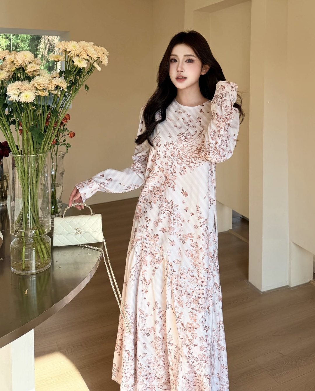 NO:803962,Gentle milky white background, retro brown tone floral print, comes with hazy filter,,19860909温柔奶白底 复古棕调花卉印花 自带朦胧滤镜,,,Women's clothing