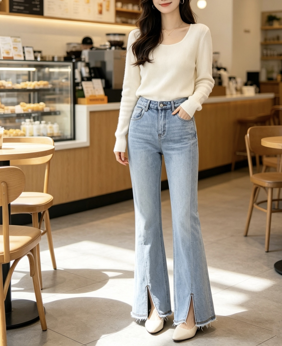 ✨ 年度封神｜Miumi♡复古微喇牛仔裤深靛蓝水洗自带高级磨白感，高腰微喇版型+裤脚毛边开叉，不挑腿型，