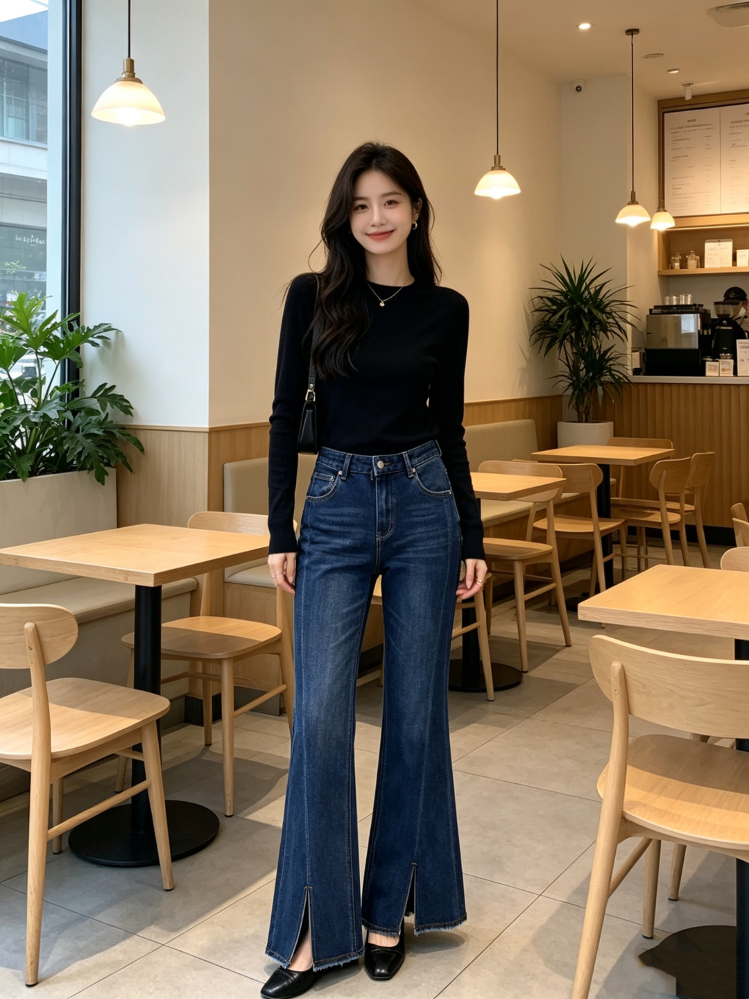 ✨ 年度封神｜Miumi♡复古微喇牛仔裤深靛蓝水洗自带高级磨白感，高腰微喇版型+裤脚毛边开叉，不挑腿型，