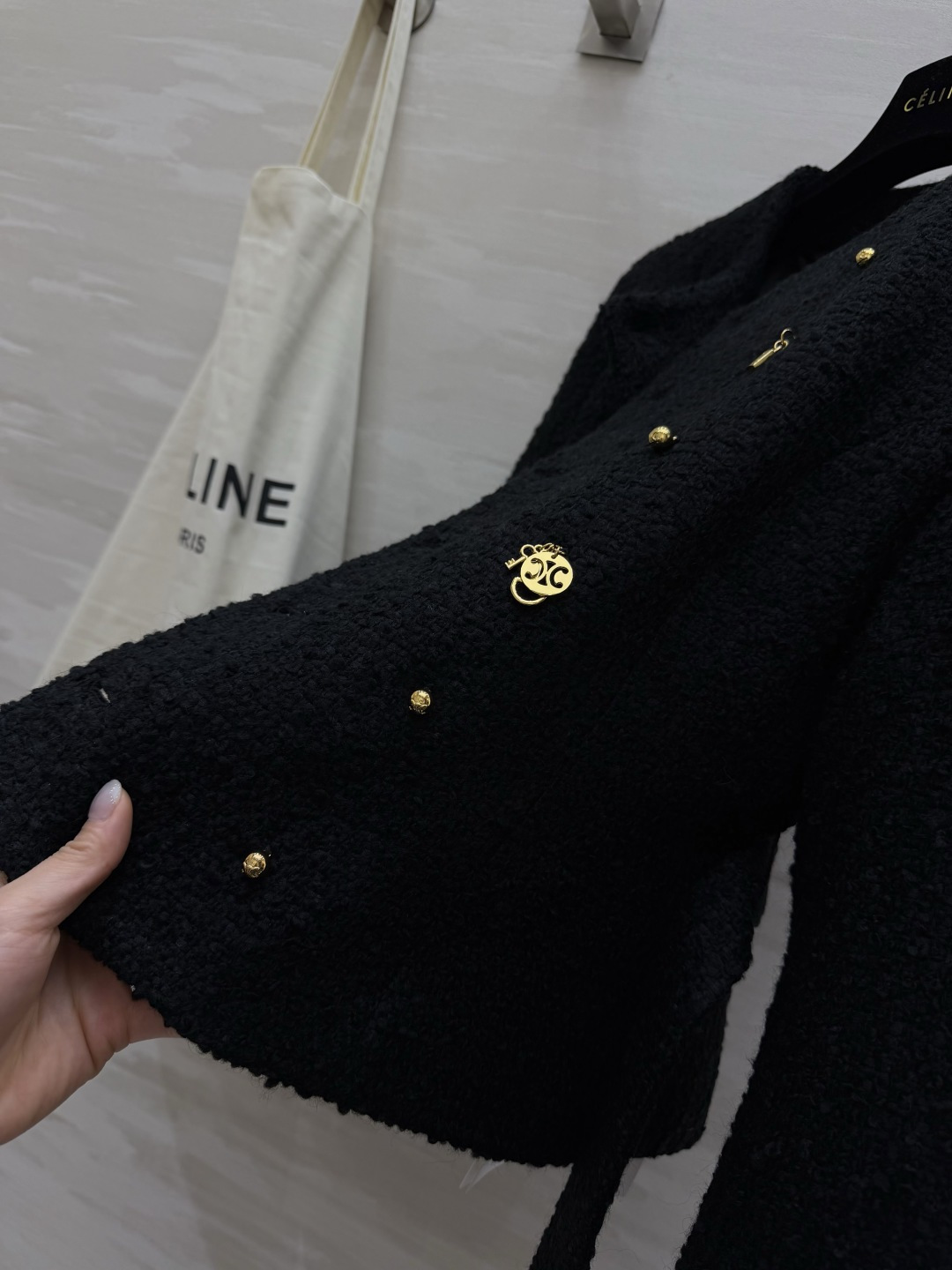 #CELIN♡ 刘诗诗同款 凯旋门系列 羊绒夹克外套黑色山羊绒混纺柔软又舒适 开模金色凯旋门Logo纽扣