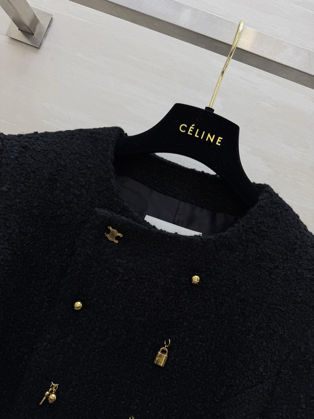 #CELIN♡ 刘诗诗同款 凯旋门系列 羊绒夹克外套黑色山羊绒混纺柔软又舒适 开模金色凯旋门Logo纽扣