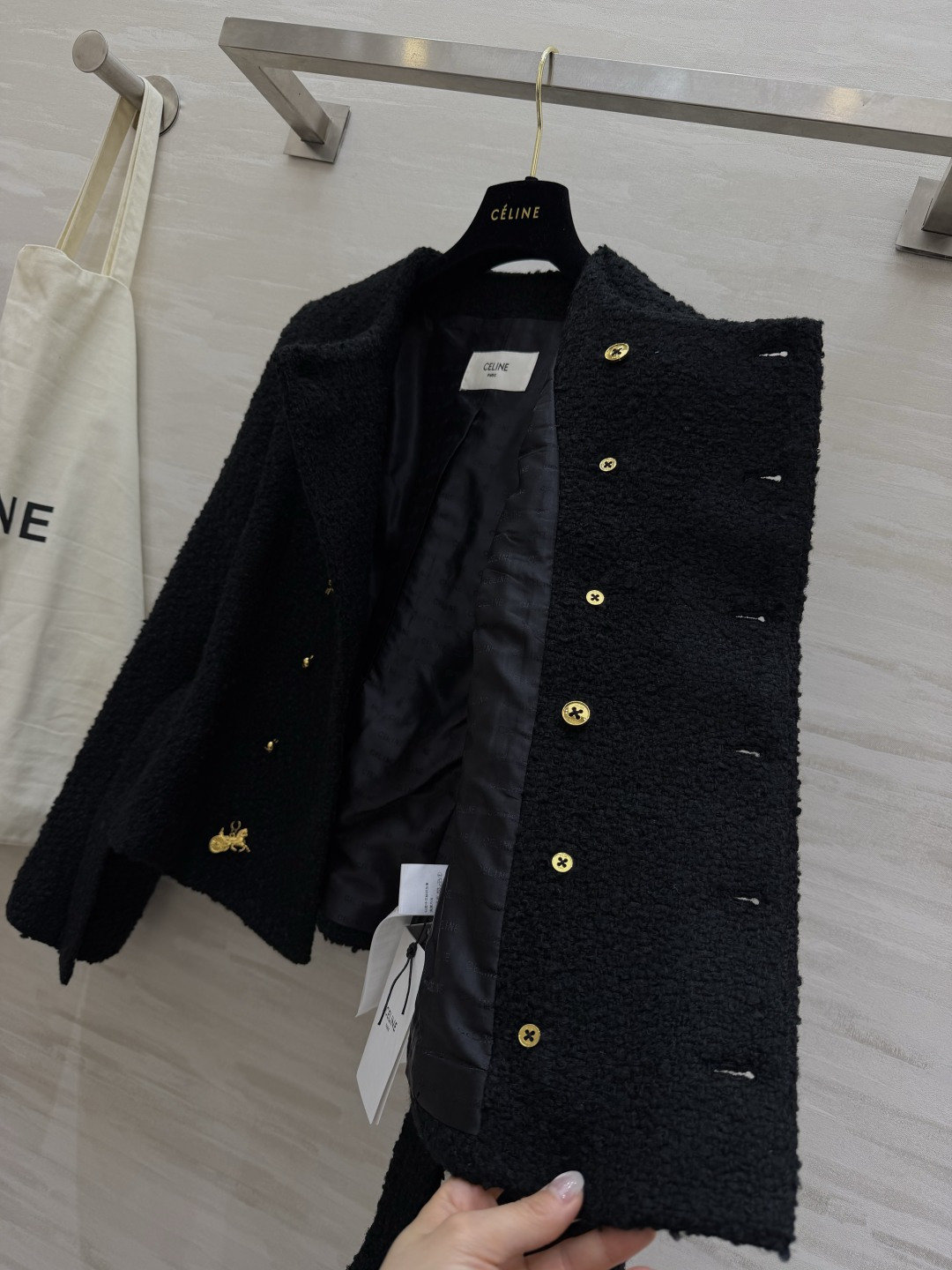 #CELIN♡ 刘诗诗同款 凯旋门系列 羊绒夹克外套黑色山羊绒混纺柔软又舒适 开模金色凯旋门Logo纽扣