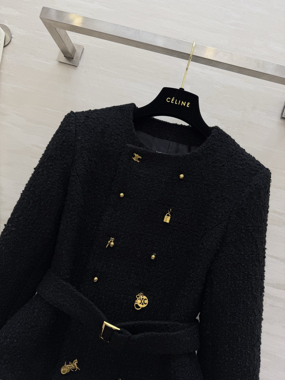 #CELIN♡ 刘诗诗同款 凯旋门系列 羊绒夹克外套黑色山羊绒混纺柔软又舒适 开模金色凯旋门Logo纽扣