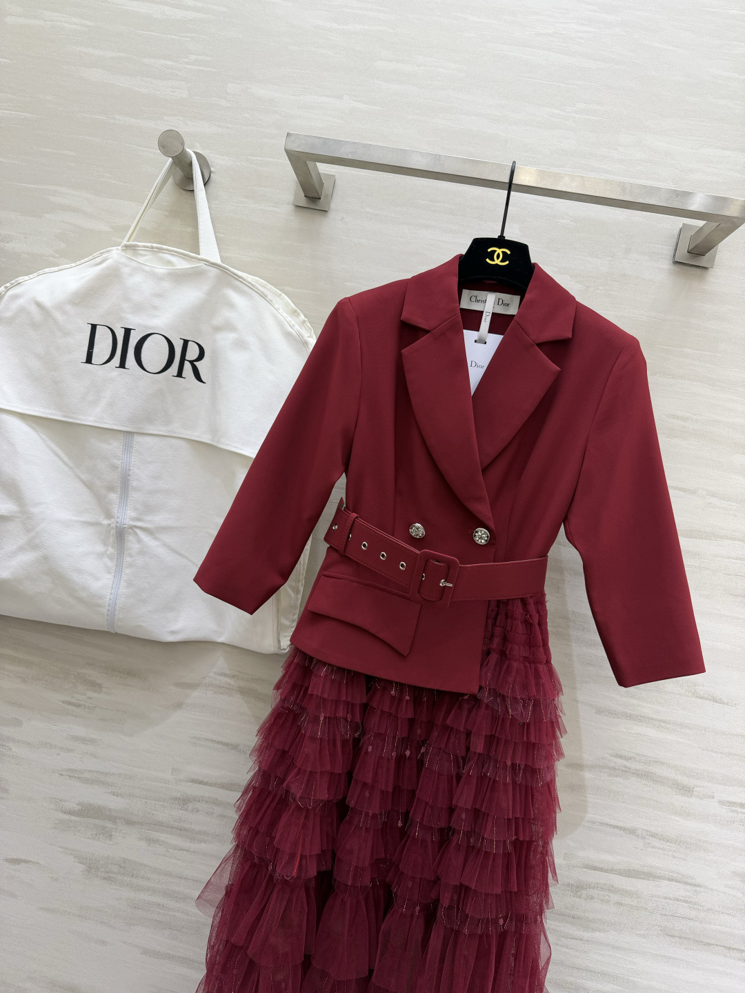 #DIO♡²⁶新款 西装拼接网纱长裙​​ 假两件设计 西装领拼接层叠网纱蛋糕裙 刚柔并济超有气质！七分袖