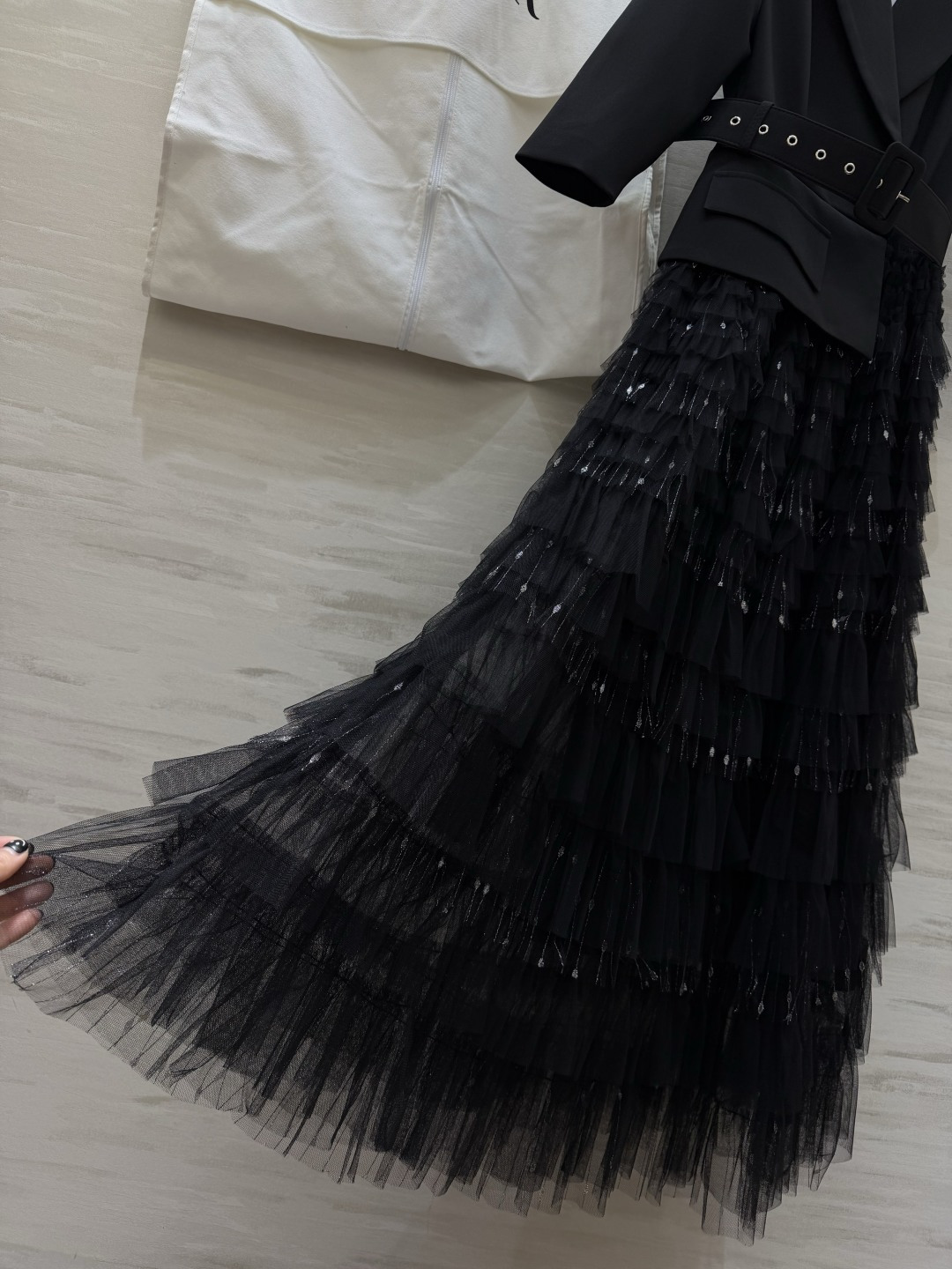 #DIO♡²⁶新款 西装拼接网纱长裙​​ 假两件设计 西装领拼接层叠网纱蛋糕裙 刚柔并济超有气质！七分袖