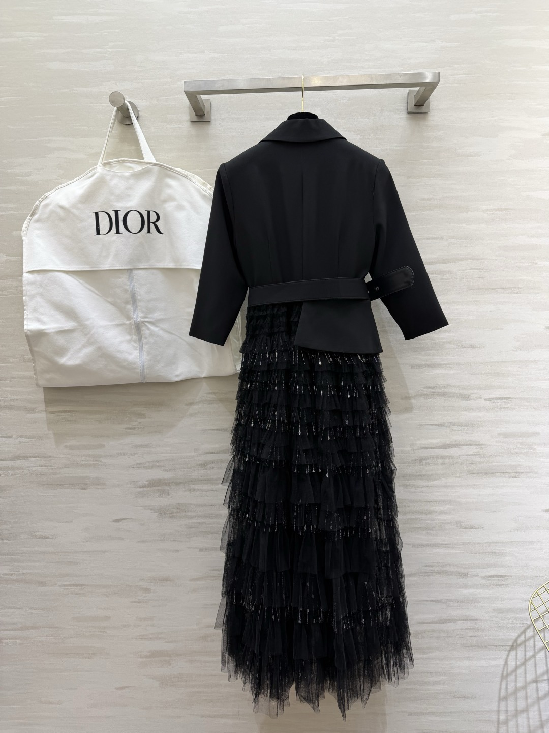 #DIO♡²⁶新款 西装拼接网纱长裙​​ 假两件设计 西装领拼接层叠网纱蛋糕裙 刚柔并济超有气质！七分袖