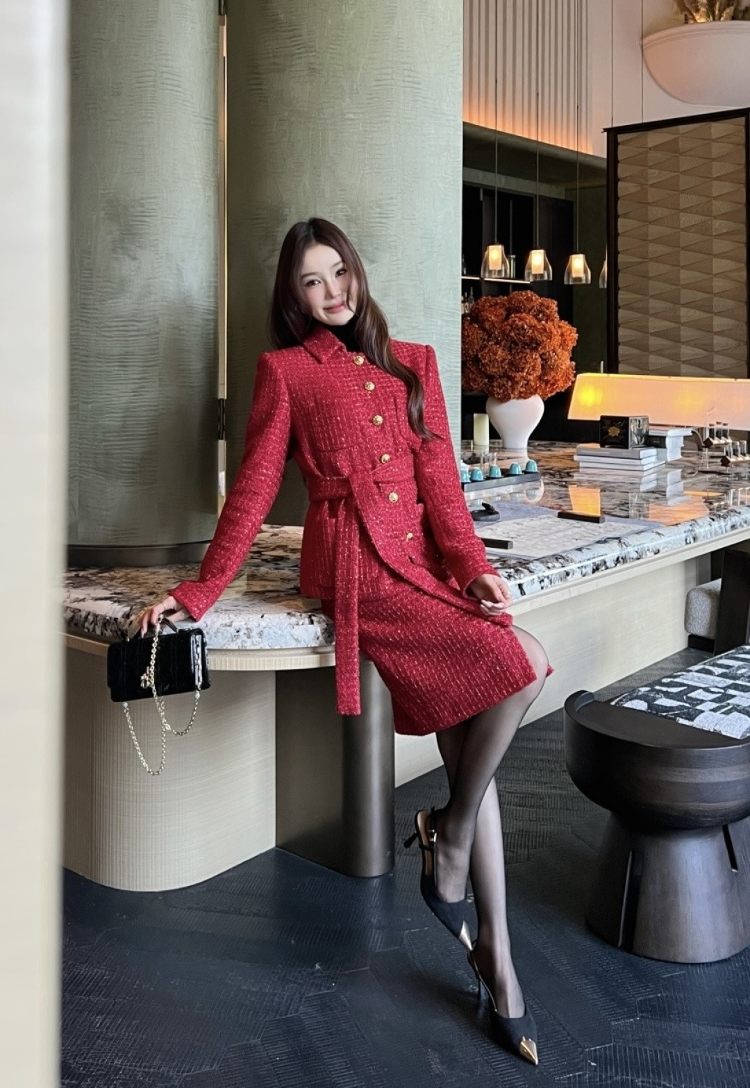 #Chane♡²⁶新款 红色编织粗花呢半裙 金色纽扣优雅又精致 纹理感粗花呢材质 高品质定制 现货首发s