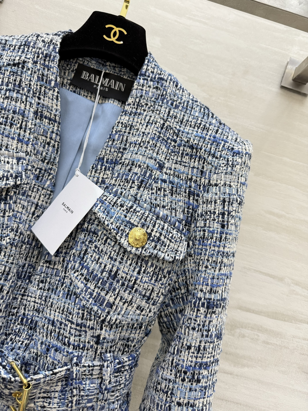#BALMAI♡²⁶新款 蓝白花呢外套 经典粗花呢 蓝白编织纹理超有质感 金色纽扣+腰带细节法式优雅与现