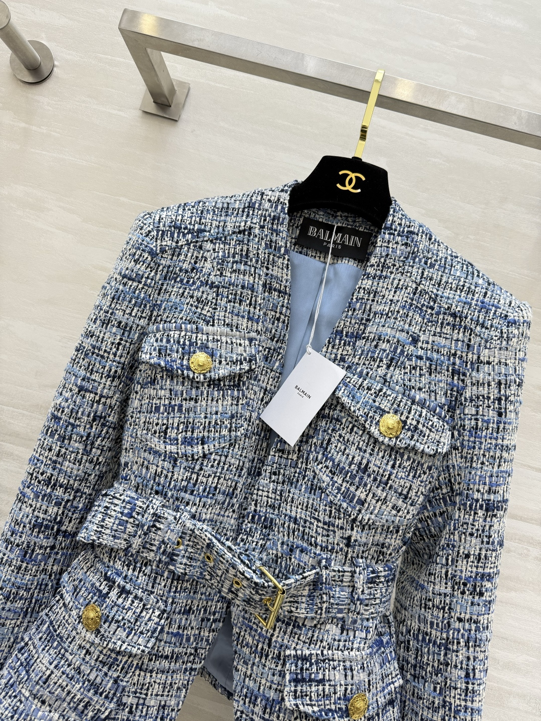 #BALMAI♡²⁶新款 蓝白花呢外套 经典粗花呢 蓝白编织纹理超有质感 金色纽扣+腰带细节法式优雅与现