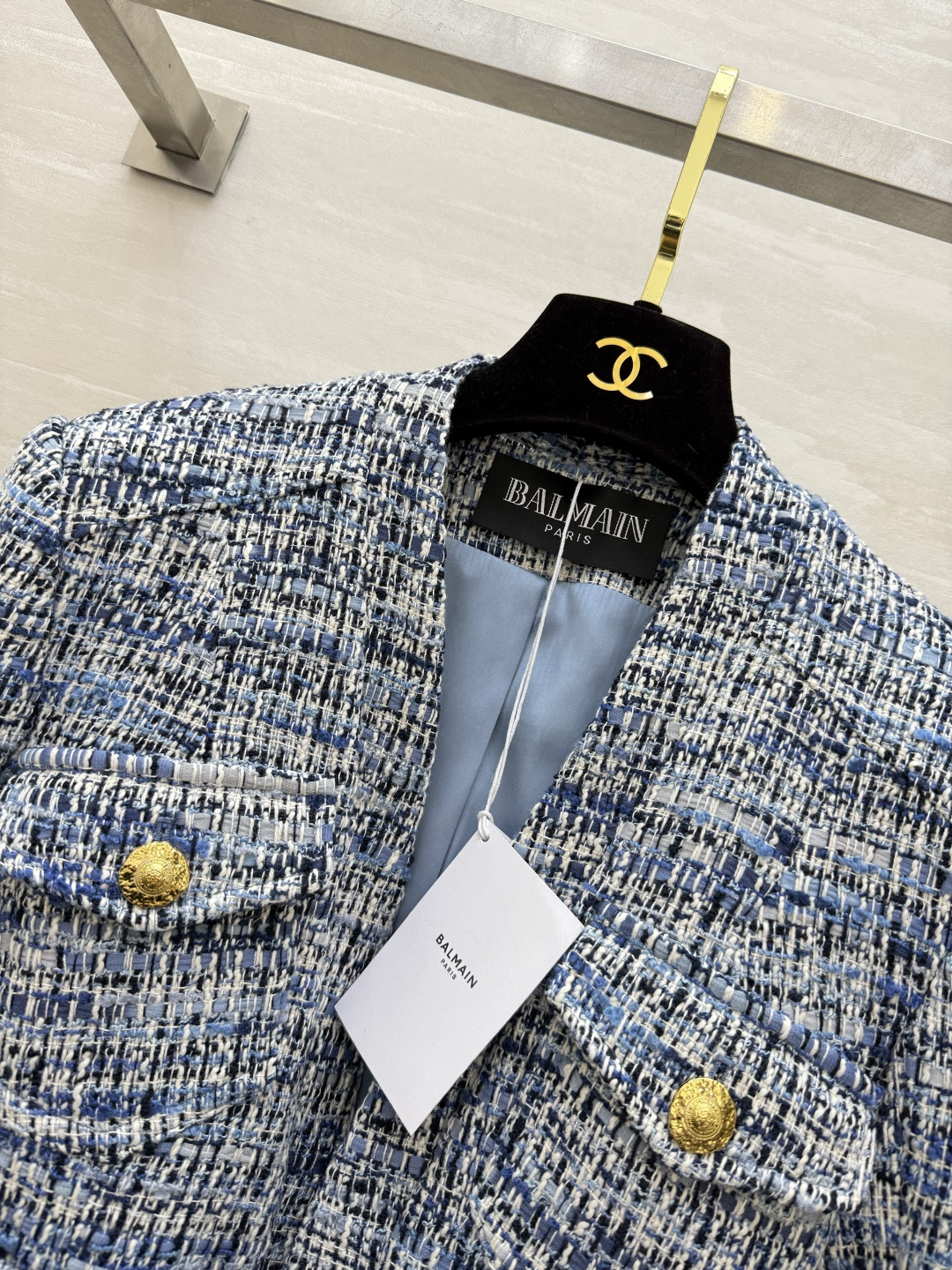 #BALMAI♡²⁶新款 蓝白花呢外套 经典粗花呢 蓝白编织纹理超有质感 金色纽扣+腰带细节法式优雅与现