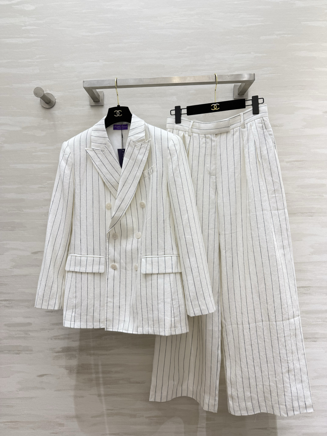 #Ralph Laure♡²⁶紫标系列 白色细条纹亚麻阔腿裤 高腰打褶设计 一秒优化头身比 立体剪裁修饰