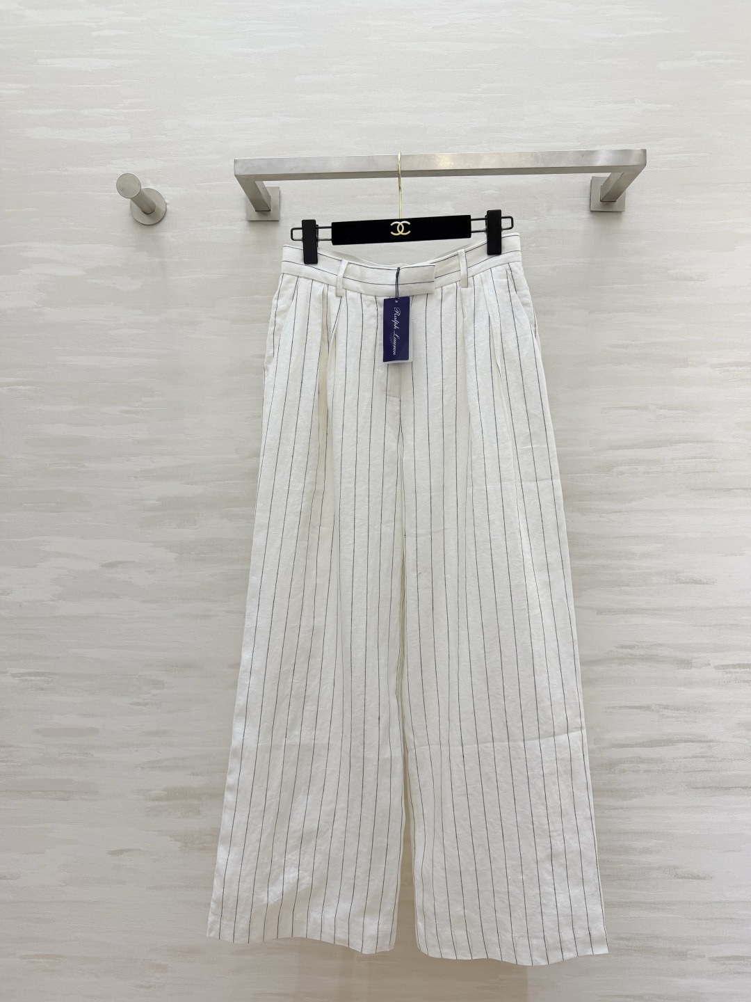 #Ralph Laure♡²⁶紫标系列 白色细条纹亚麻阔腿裤 高腰打褶设计 一秒优化头身比 立体剪裁修饰