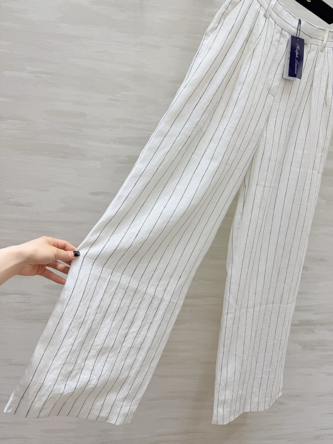 #Ralph Laure♡²⁶紫标系列 白色细条纹亚麻阔腿裤 高腰打褶设计 一秒优化头身比 立体剪裁修饰