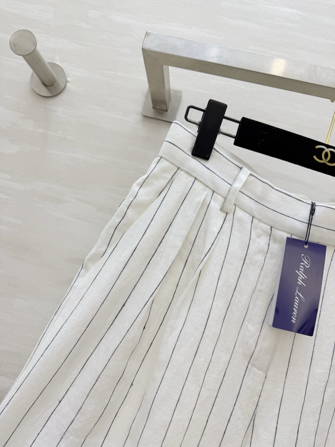 #Ralph Laure♡²⁶紫标系列 白色细条纹亚麻阔腿裤 高腰打褶设计 一秒优化头身比 立体剪裁修饰