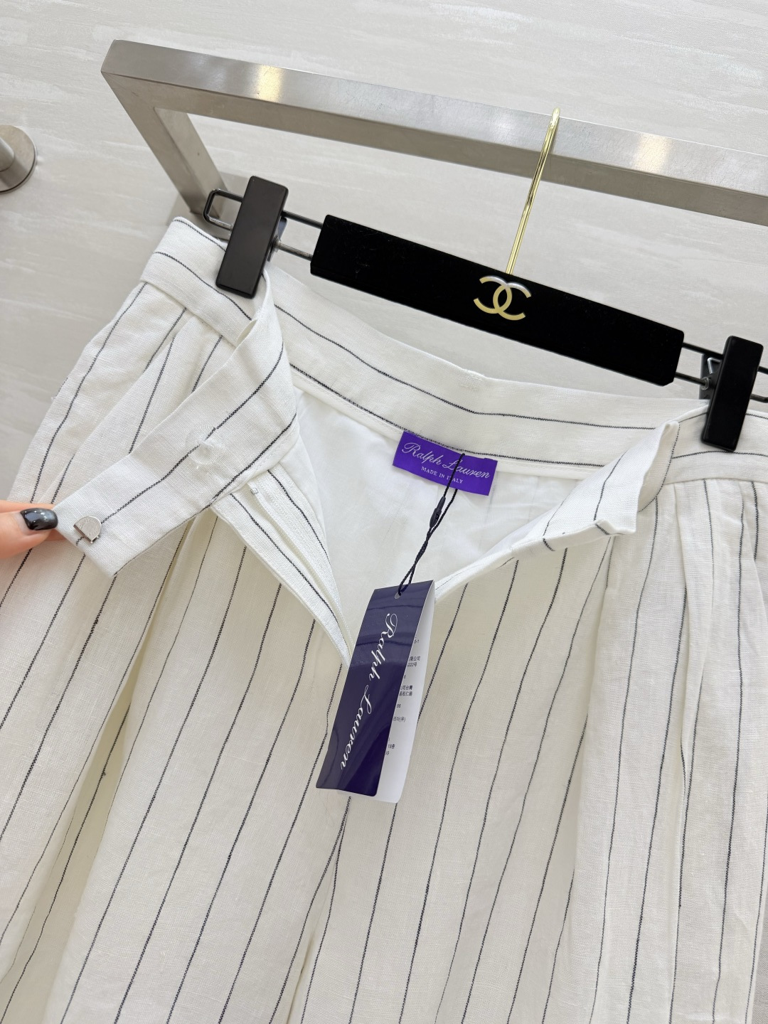 #Ralph Laure♡²⁶紫标系列 白色细条纹亚麻阔腿裤 高腰打褶设计 一秒优化头身比 立体剪裁修饰