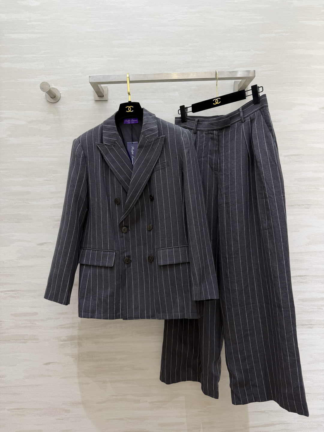 #Ralph Laure♡²⁶紫标系列 细条纹亚麻阔腿裤 高腰打褶设计 一秒优化头身比 立体剪裁修饰腿型