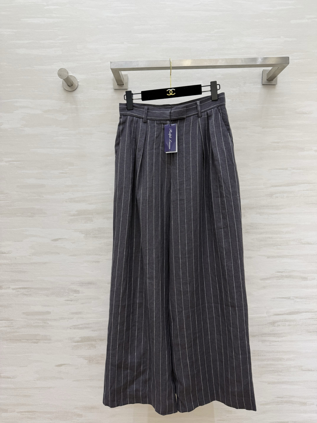 #Ralph Laure♡²⁶紫标系列 细条纹亚麻阔腿裤 高腰打褶设计 一秒优化头身比 立体剪裁修饰腿型