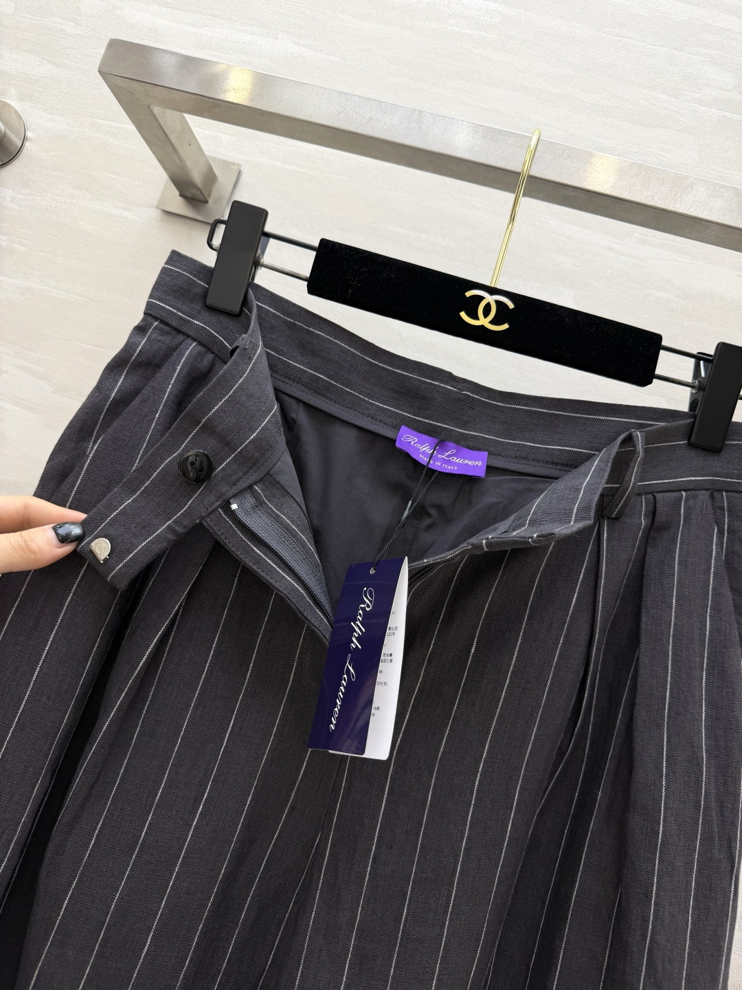 #Ralph Laure♡²⁶紫标系列 细条纹亚麻阔腿裤 高腰打褶设计 一秒优化头身比 立体剪裁修饰腿型