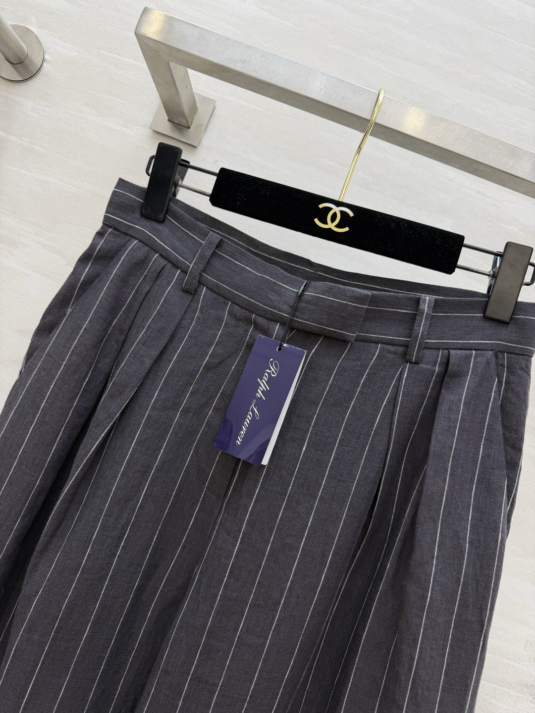 #Ralph Laure♡²⁶紫标系列 细条纹亚麻阔腿裤 高腰打褶设计 一秒优化头身比 立体剪裁修饰腿型