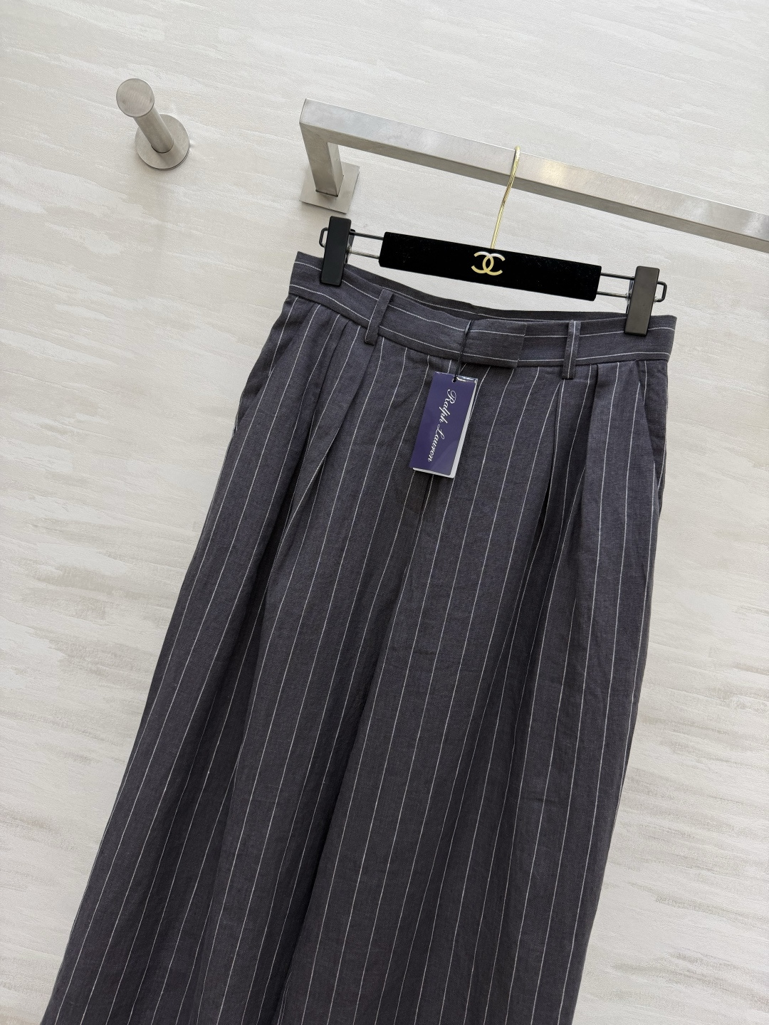 #Ralph Laure♡²⁶紫标系列 细条纹亚麻阔腿裤 高腰打褶设计 一秒优化头身比 立体剪裁修饰腿型