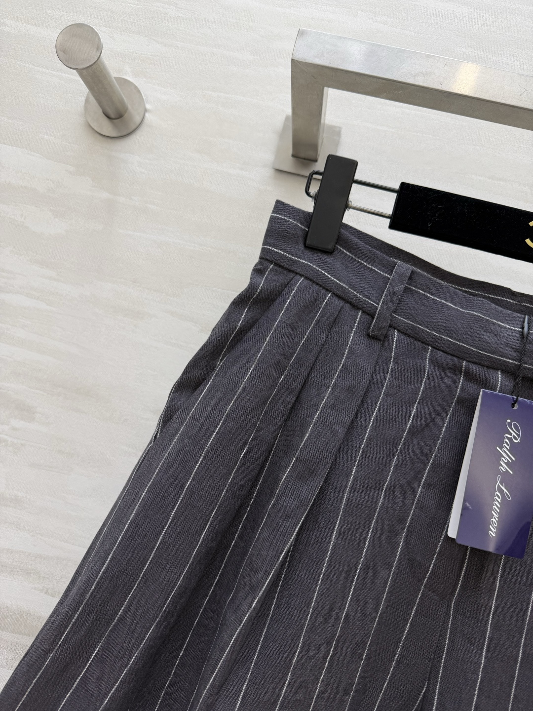 #Ralph Laure♡²⁶紫标系列 细条纹亚麻阔腿裤 高腰打褶设计 一秒优化头身比 立体剪裁修饰腿型