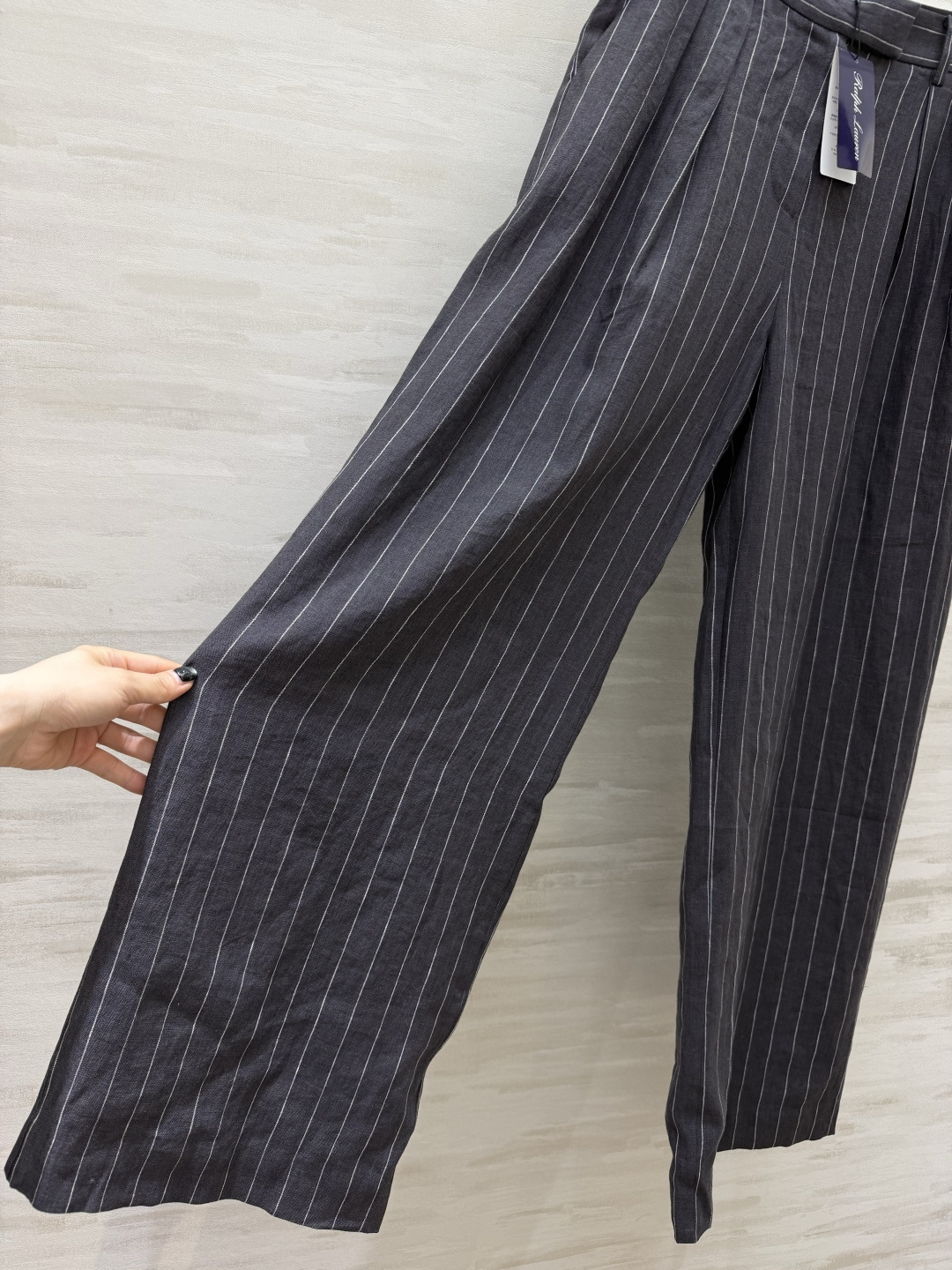 #Ralph Laure♡²⁶紫标系列 细条纹亚麻阔腿裤 高腰打褶设计 一秒优化头身比 立体剪裁修饰腿型