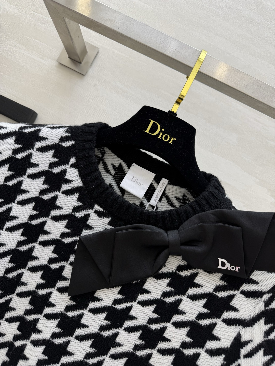 Dio♡²⁶千鸟格蝴蝶结针织短袖上衣 经典黑白千鸟格｜复古永不过时 立体蝴蝶结点缀 甜酷精致兼备软糯针织