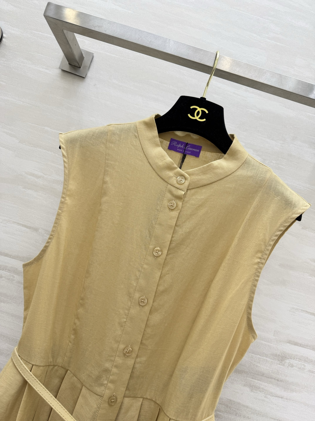 Ralph Lauren高端线｜紫标系列💜立领亚麻无袖长裙 奶黄｜墨绿两色 细腰带收腰 百褶大摆 亚麻质