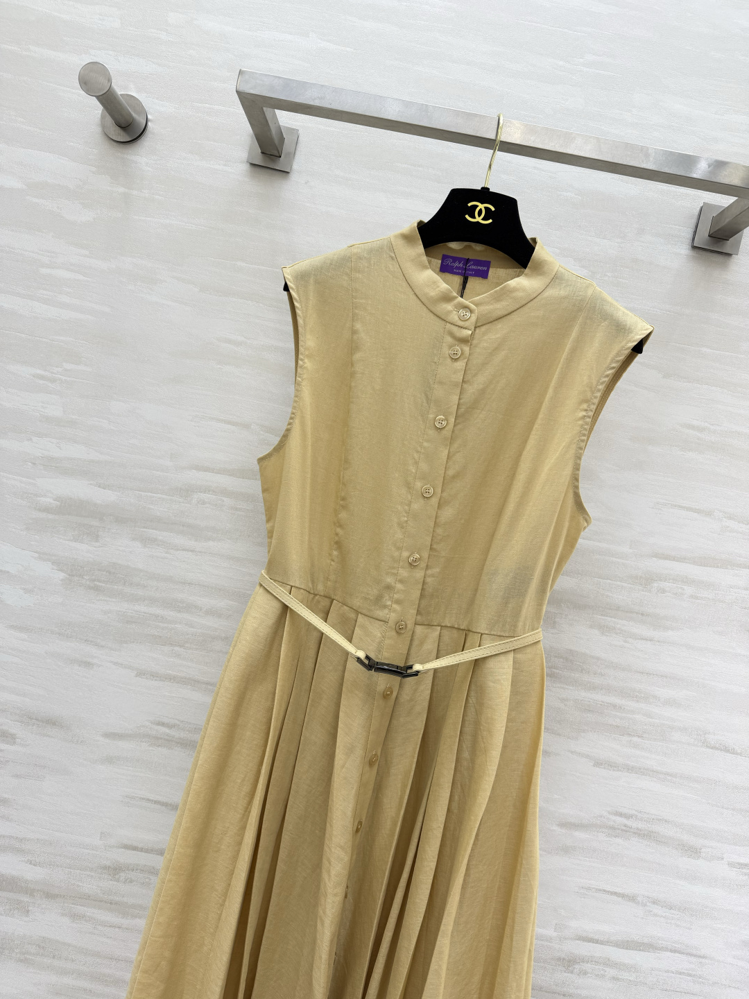 Ralph Lauren高端线｜紫标系列💜立领亚麻无袖长裙 奶黄｜墨绿两色 细腰带收腰 百褶大摆 亚麻质